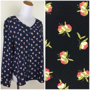 SHANGHAI TANG Dark Blue Multicolor Immortality Peach 100% Silk Button Shirt